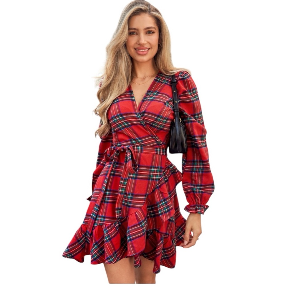 Cupshe Red Plaid Long Sleeve Wrap Dress
